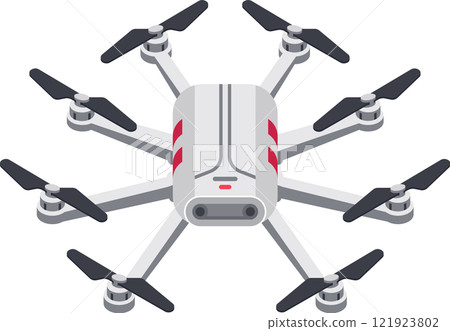 Modern hexacopter drone flying gracefully through the air, featuring rotating propellers and highlighting advanced technology, exceptional maneuverability, and innovative design Modern hexacopter drone flying gracefully through the air, featuring rotating propellers and highlighting advanced technology, exceptional maneuverability, and innovative design 121923802