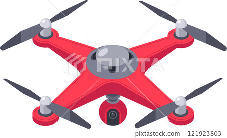 Red quadcopter drone with camera hovering, representing aerial photography, surveillance, delivery, innovation, and the future of unmanned flight Red quadcopter drone with camera hovering, representing aerial photography, surveillance, delivery, innovation, and the future of unmanned flight 121923803