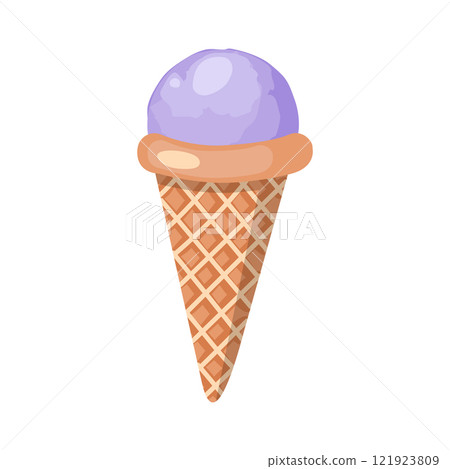 Lavender ice cream. Three balls of creamy sweet dessert in a waffle cone. Purple sorbet. Vector illustration on white background. 121923809