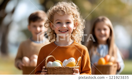 Families gathering in a vibrant garden for an Easter egg hunt, with children holding baskets of colorful eggs Families gathering in a vibrant garden for an Easter egg hunt, with children holding baskets of colorful eggs 121923835