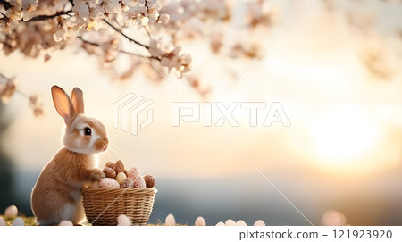 A serene morning scene with an Easter bunny arranging treats in a basket under a flowering tree 121923920