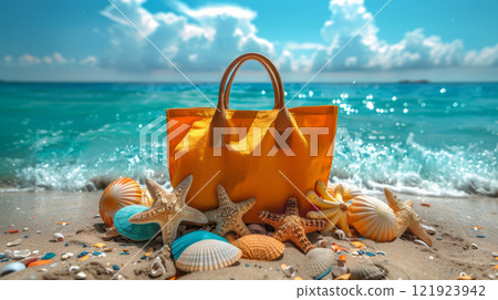 Summer Orange Beach Bag with Seashells and Starfish 121923942