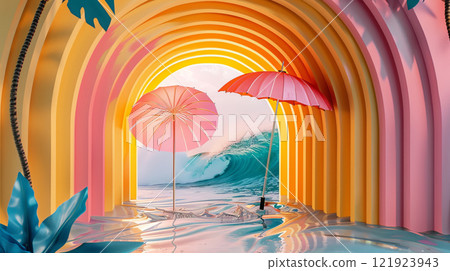 Colorful Archway with Pink Umbrellas and Crashing Wave 121923943