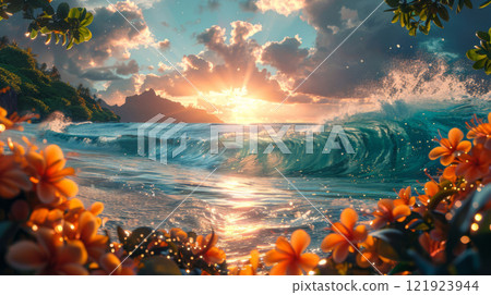 Golden Sunset over Tropical Ocean Waves with Flowers 121923944