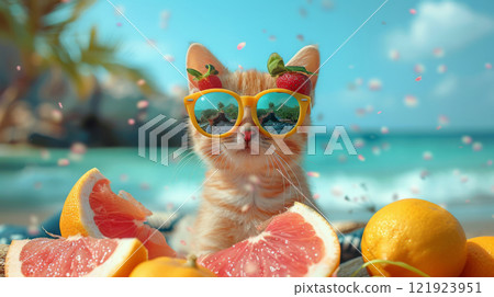 Cute Cat in Sunglasses with Tropical Fruits 121923951