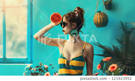 Trendy Woman Holding Fresh Watermelon Slice Trendy Woman Holding Fresh Watermelon Slice 121923952