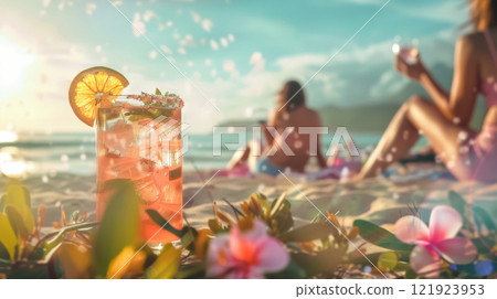 Pink Iced Drink on Sunny Beach Gathering 121923953