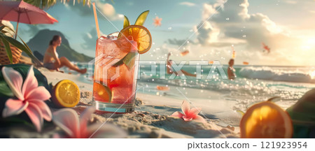 Exotic Summer Cocktail on Tropical Beach 121923954