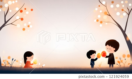 A dreamy illustration of children searching for glowing Easter eggs in a magical spring forest 121924059