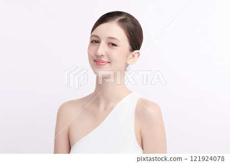 Beautiful young woman with clean fresh skin on white background, Face care, Facial treatment, Cosmetology, beauty and spa, women portrait. 121924078