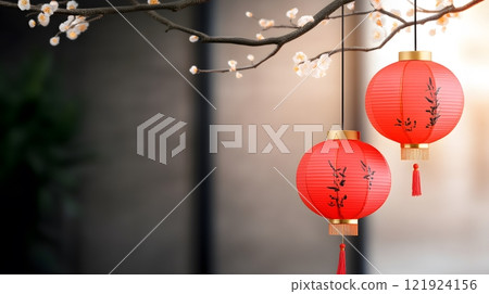 Decorative red and gold fan in watercolor with papercut patterns and brush stroke highlights Decorative red and gold fan in watercolor with papercut patterns and brush stroke highlights 121924156