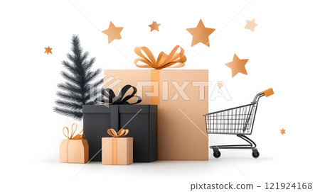 Vintage Boxing Day sale advertisement with colorful vector icons of carts and products 121924168