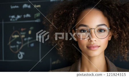 Close-up of a teacher assisting a student in understanding math equations, chalkboard backdrop, academic environment 121924315