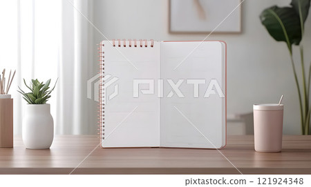 Planner and blank calendar setup with colorful stickers and motivational cards, top view 121924348