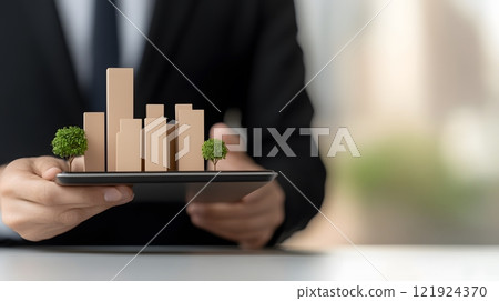 Professional setting with a businessman presenting detailed financial reports on a digital tablet to executives 121924370