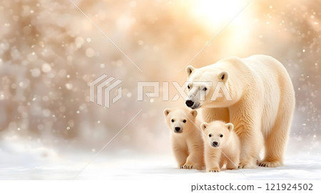Polar bear with two cubs walking across snowy terrain, gentle bond in cold wilderness, 3D rendering 121924502