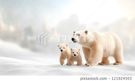 Polar bear with two cubs walking across snowy terrain, gentle bond in cold wilderness, 3D rendering 121924503