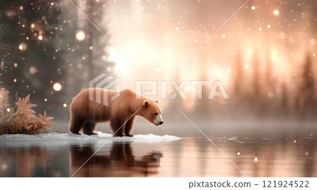 Polar bear walking near icy cliffs with auroras lighting the sky, magical arctic scenery, 3D rendering 121924522