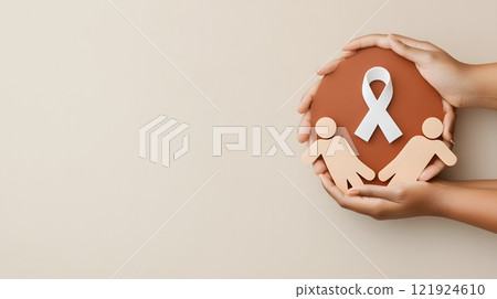 Cancer awareness theme in 3D showing a family holding hands with a ribbon symbol in the center 121924610