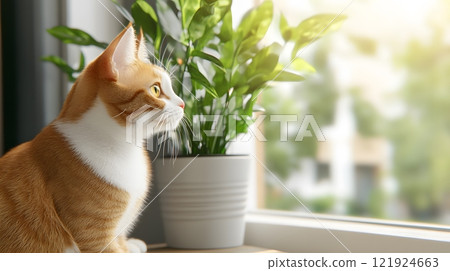 Cat sitting peacefully in a cozy home environment, symbolizing responsible pet ownership, 3D rendering 121924663