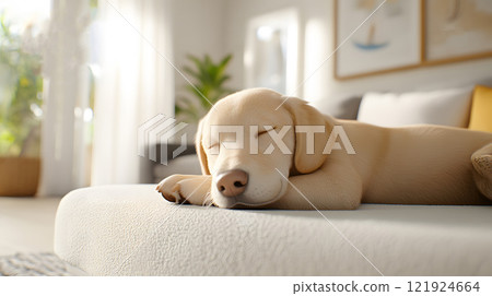 Dog wearing a recovery cone, resting comfortably in a clean environment, care theme, 3D rendering 121924664