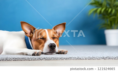 Dog wearing a recovery cone, resting comfortably in a clean environment, care theme, 3D rendering 121924665