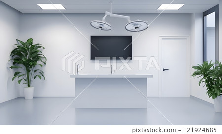 Educational board in a veterinary clinic showing benefits of spay procedures, 3D rendering 121924685
