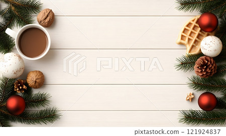 Festive chocolate spread scene with waffles, cocoa powder, and hazelnuts on a wooden table, 3D rendering 121924837