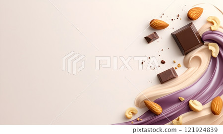 Close-up of creamy chocolate spread with a smooth swirl and nuts as decorative elements, 3D design 121924839