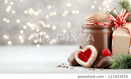 Romantic 3D breakfast setup featuring chocolate spread, heart-shaped bread, and glowing warm light Romantic 3D breakfast setup featuring chocolate spread, heart-shaped bread, and glowing warm light 121924850