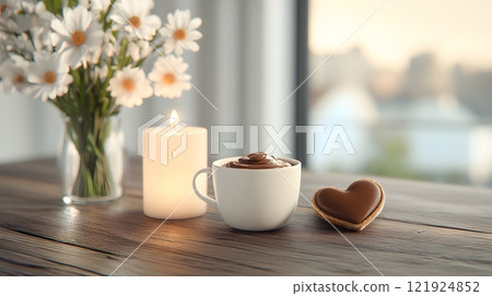 Romantic 3D breakfast setup featuring chocolate spread, heart-shaped bread, and glowing warm light Romantic 3D breakfast setup featuring chocolate spread, heart-shaped bread, and glowing warm light 121924852