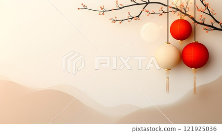 Red and gold Chinese New Year greeting card with bold, celebratory text and festive symbols 121925036