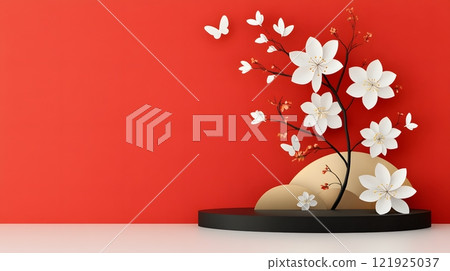 Red and gold Chinese New Year greeting card with bold, celebratory text and festive symbols 121925037