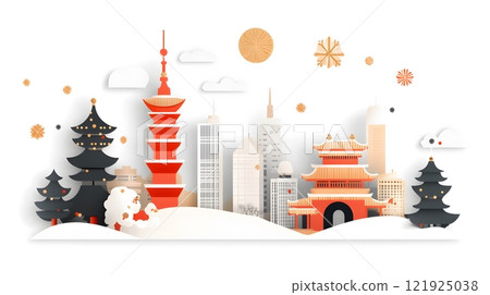 Red and gold Chinese New Year greeting card with bold, celebratory text and festive symbols 121925038