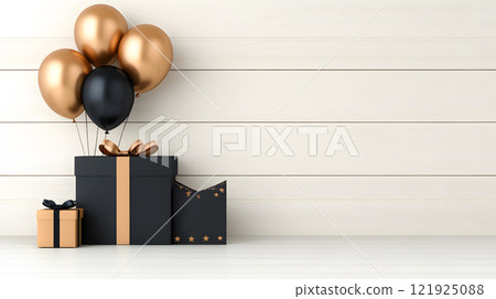 Contemporary New Year wall decor with metallic balloons and festive banners Contemporary New Year wall decor with metallic balloons and festive banners 121925088