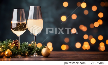 Rustic New Year dining table decor with wooden elements, greenery, and warm lighting Rustic New Year dining table decor with wooden elements, greenery, and warm lighting 121925089