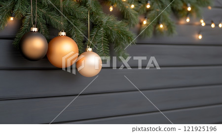 Bold New Year decor featuring metallic ornaments and vibrant lighting 121925196