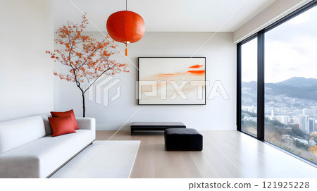 Traditional Chinese New Year living room decor with red lanterns, calligraphy scrolls, and gold accents 121925228