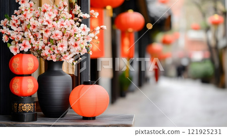 Vibrant entryway decor featuring Chinese knots, red lanterns, and welcoming banners for New Year Vibrant entryway decor featuring Chinese knots, red lanterns, and welcoming banners for New Year 121925231