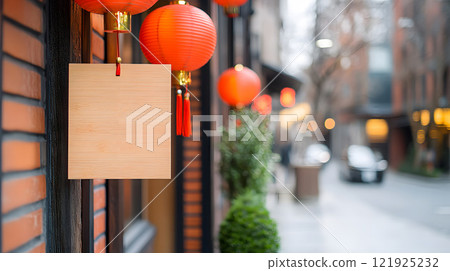 Vibrant entryway decor featuring Chinese knots, red lanterns, and welcoming banners for New Year Vibrant entryway decor featuring Chinese knots, red lanterns, and welcoming banners for New Year 121925232