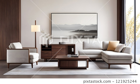 Rustic Chinese New Year decor with wooden furniture, bamboo accents, and subtle festive elements Rustic Chinese New Year decor with wooden furniture, bamboo accents, and subtle festive elements 121925244