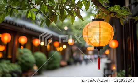 Festive balcony setup for Chinese New Year with lanterns, plants, and traditional decorations 121925245