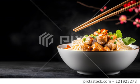 Luxurious Chinese New Year dining setup with gold-rimmed plates, red table runners, and floral accents 121925278