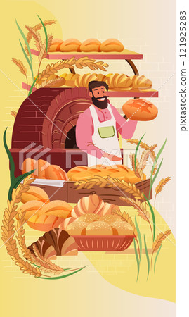 Baker holding bread in rustic bakery scene with a variety of fresh loaves wheat and a brick oven warm colors decorative elements 121925283