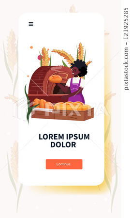 Baker preparing bread in rustic oven with wheat ears and loaves in warm tones bakery theme mobile app screen 121925285