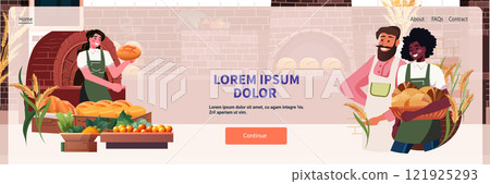 Bakery scene with bakers holding bread smiling near a brick oven surrounded by wheat and produce. Website design template 121925293