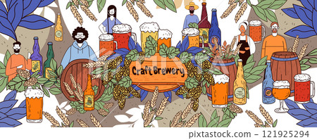 Craft brewery scene with people beer barrels hops bottles and glasses surrounded by leaves and grains colorful design for website banner Craft brewery scene with people beer barrels hops bottles and glasses surrounded by leaves and grains colorful design for website banner 121925294