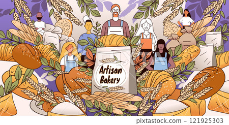 Artisan bakery bread bakers wheat theme colorful bakery products people leaves sacks purple background website banner 121925303