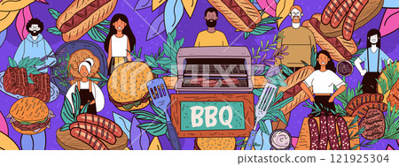 BBQ theme with grill food people colorful. Lively outdoor barbecue scene featuring diverse characters surrounded by grilled meats and vibrant foliage. Perfect for website design 121925304