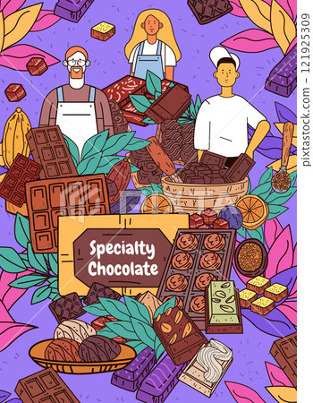 Specialty chocolate artisans crafting diverse treats colorful cocoa beans leaves chefs vibrant background dessert creation Specialty chocolate artisans crafting diverse treats colorful cocoa beans leaves chefs vibrant background dessert creation 121925309